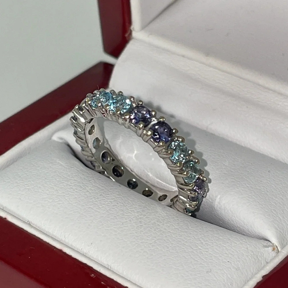 Solid 18K White Gold Eternity Band Ring (not 14K) Purple Blue Natural Gemstones